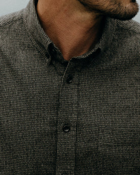 fit model showing the back of  The Jack in Dark Forest Houndstooth, Wovens by Taylor Stitch