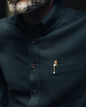 fit model showing the front chest pocket on The Jack in Forest Waffle, Wovens by Taylor Stitch