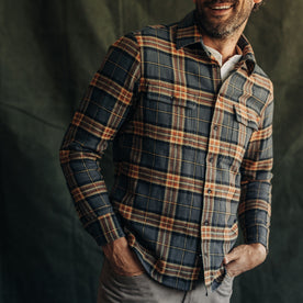 fit model in The Ledge Shirt in Conifer Plaid