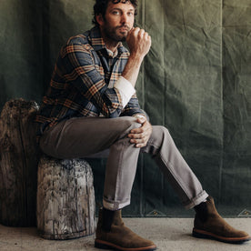 fit model sitting in The Ledge Shirt in Conifer Plaid