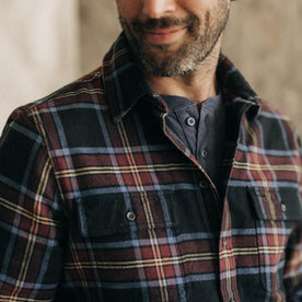 fit model showing the front of The Ledge Shirt in Dark Navy Plaid