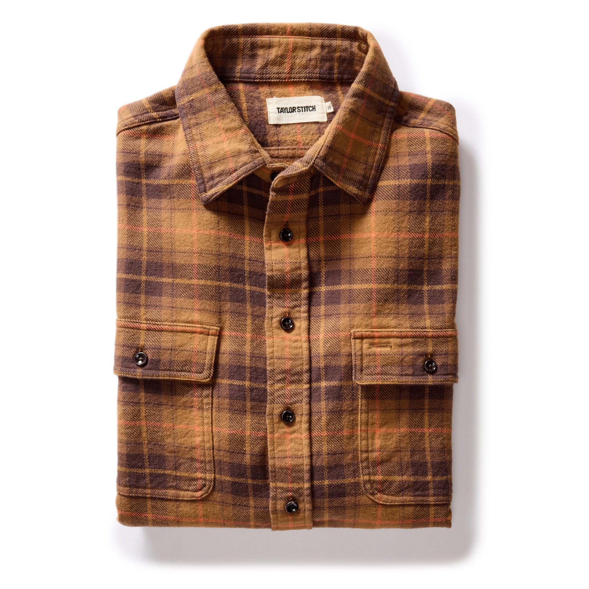 flatlay of The Ledge Shirt in Tarnished Brass Plaid, Wovens by Taylor Stitch