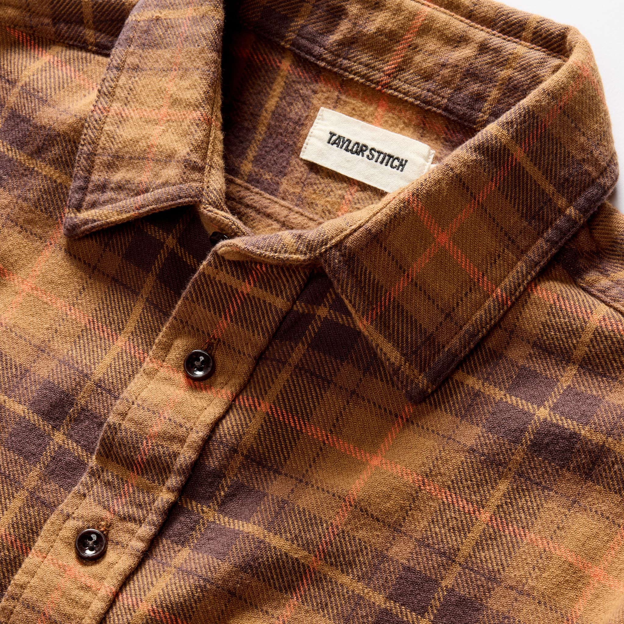 material shot of the collar on The Ledge Shirt in Tarnished Brass Plaid, Wovens by Taylor Stitch