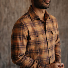 fit model in The Ledge Shirt in Tarnished Brass Plaid