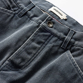 material shot of the button fly on The Lined Chore Pant in Navy Chipped Canvas, closed