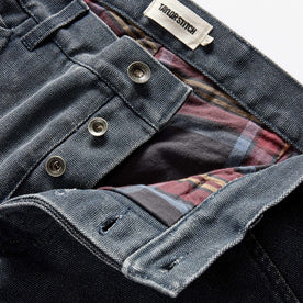 material shot of the button fly on The Lined Chore Pant in Navy Chipped Canvas