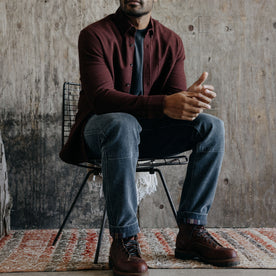 fit model sitting in The Lined Chore Pant in Navy Chipped Canvas