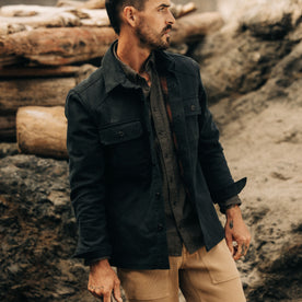 fit model in The Lined Shop Shirt in Coal Boss Duck