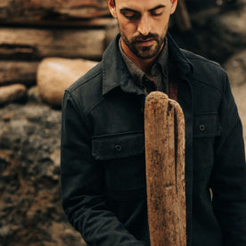fit model in The Lined Shop Shirt in Coal Boss Duck