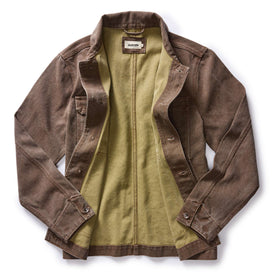 flatlay of The Longshore Jacket in Aged Penny Chipped Canvas, shown open
