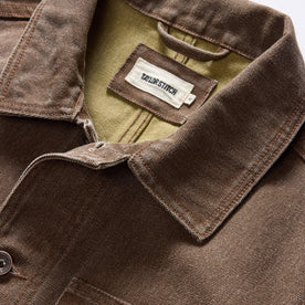 material shot of the collar on The Longshore Jacket in Aged Penny Chipped Canvas