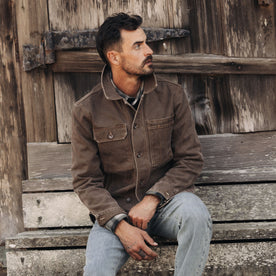 fit model in The Longshore Jacket in Aged Penny Chipped Canvas