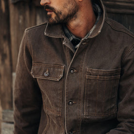 fit model showing the front of The Longshore Jacket in Aged Penny Chipped Canvas