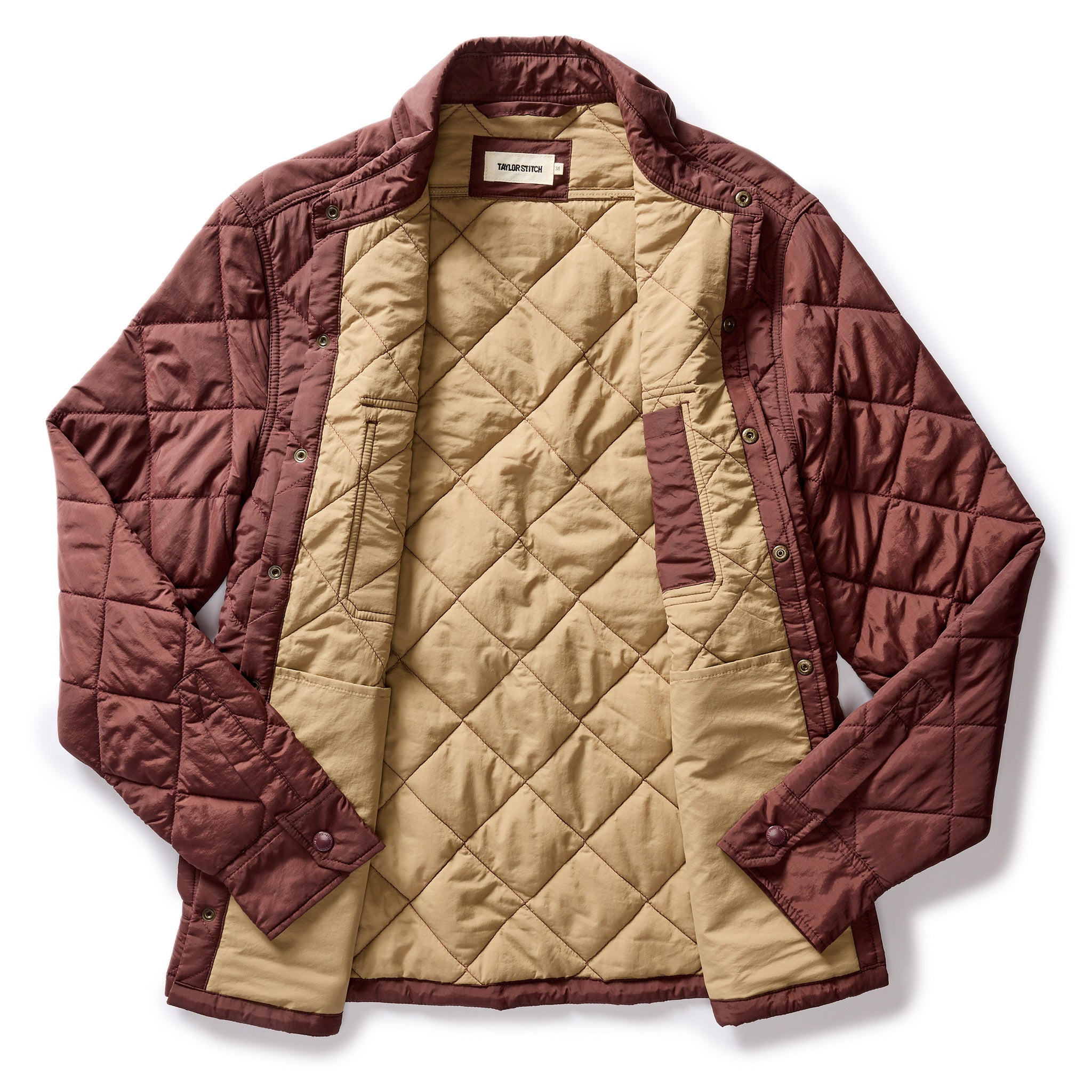flatlay of The Miller Shirt Jacket in Burgundy, shown open, Outerwear by Taylor Stitch