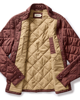 flatlay of The Miller Shirt Jacket in Burgundy, shown open, Outerwear by Taylor Stitch
