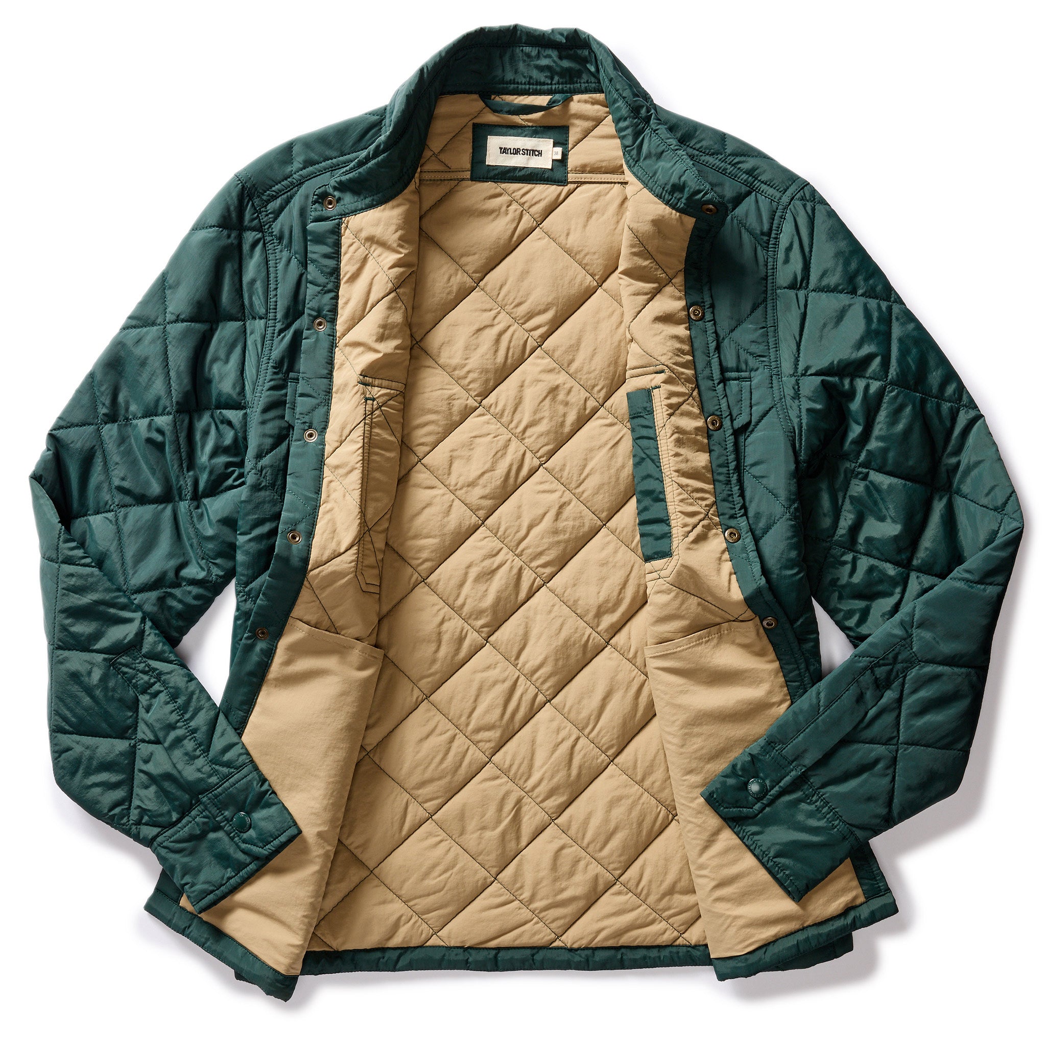 flatlay of The Miller Shirt Jacket in Conifer, shown open, Outerwear by Taylor Stitch