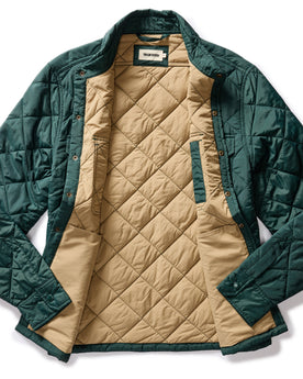 flatlay of The Miller Shirt Jacket in Conifer, shown open, Outerwear by Taylor Stitch