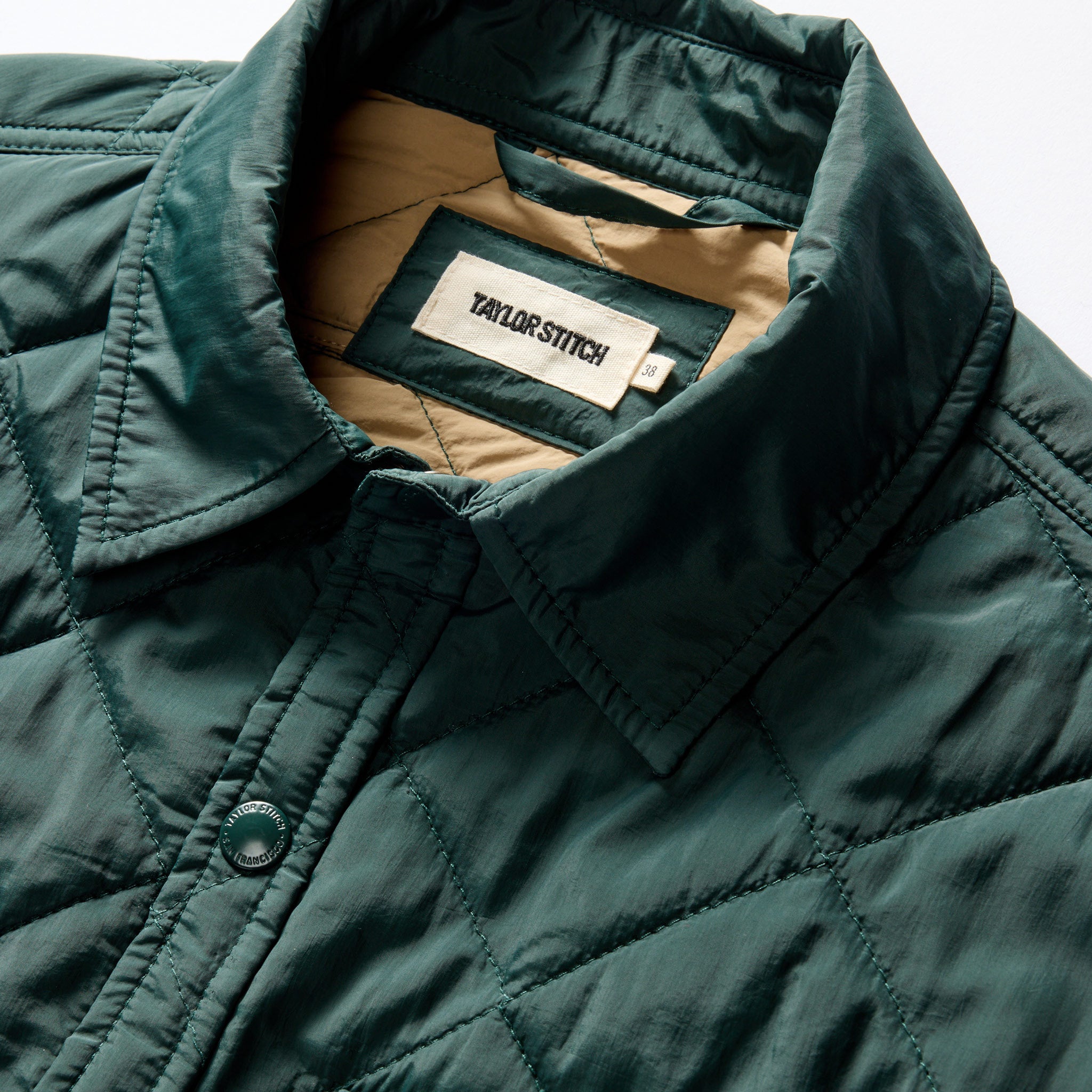 material shot of the collar on The Miller Shirt Jacket in Conifer, Outerwear by Taylor Stitch