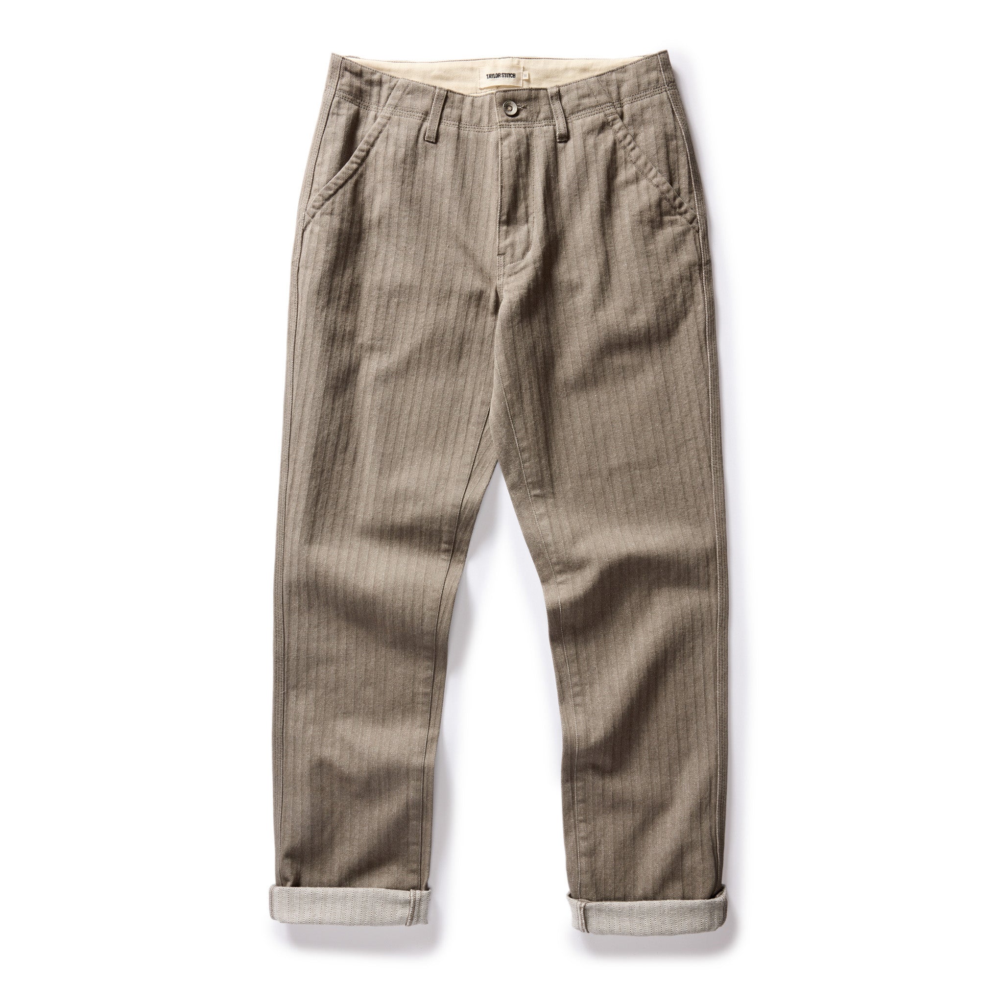 flatlay of The Morse Pant in Smoked Olive Herringbone Twill, in full, Bottoms by Taylor Stitch