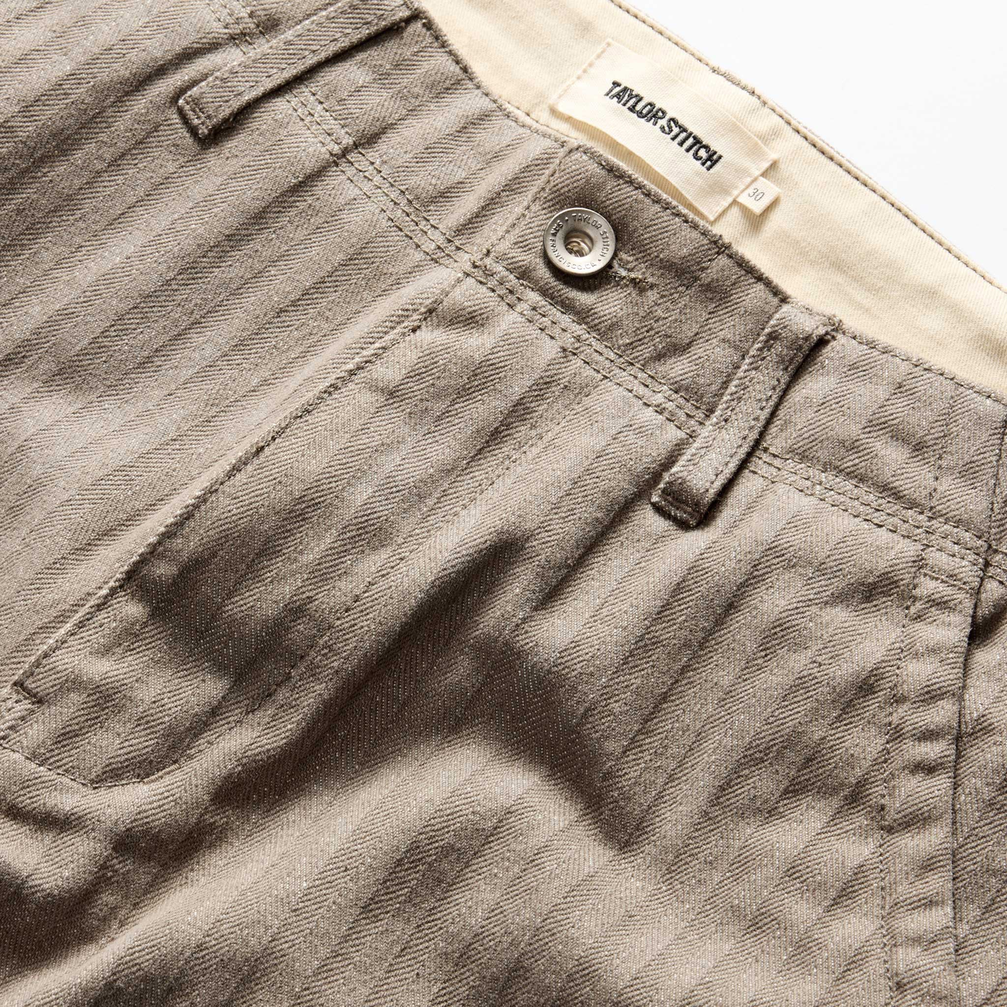 material shot of the button fly on The Morse Pant in Smoked Olive Herringbone Twill, Bottoms by Taylor Stitch