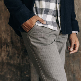 fit model showing the herringbone texture on The Morse Pant in Smoked Olive Herringbone Twill