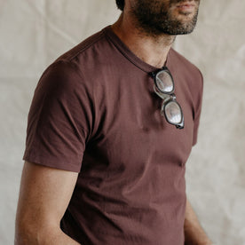 fit model showing the front of The Organic Cotton Tee in Burgundy