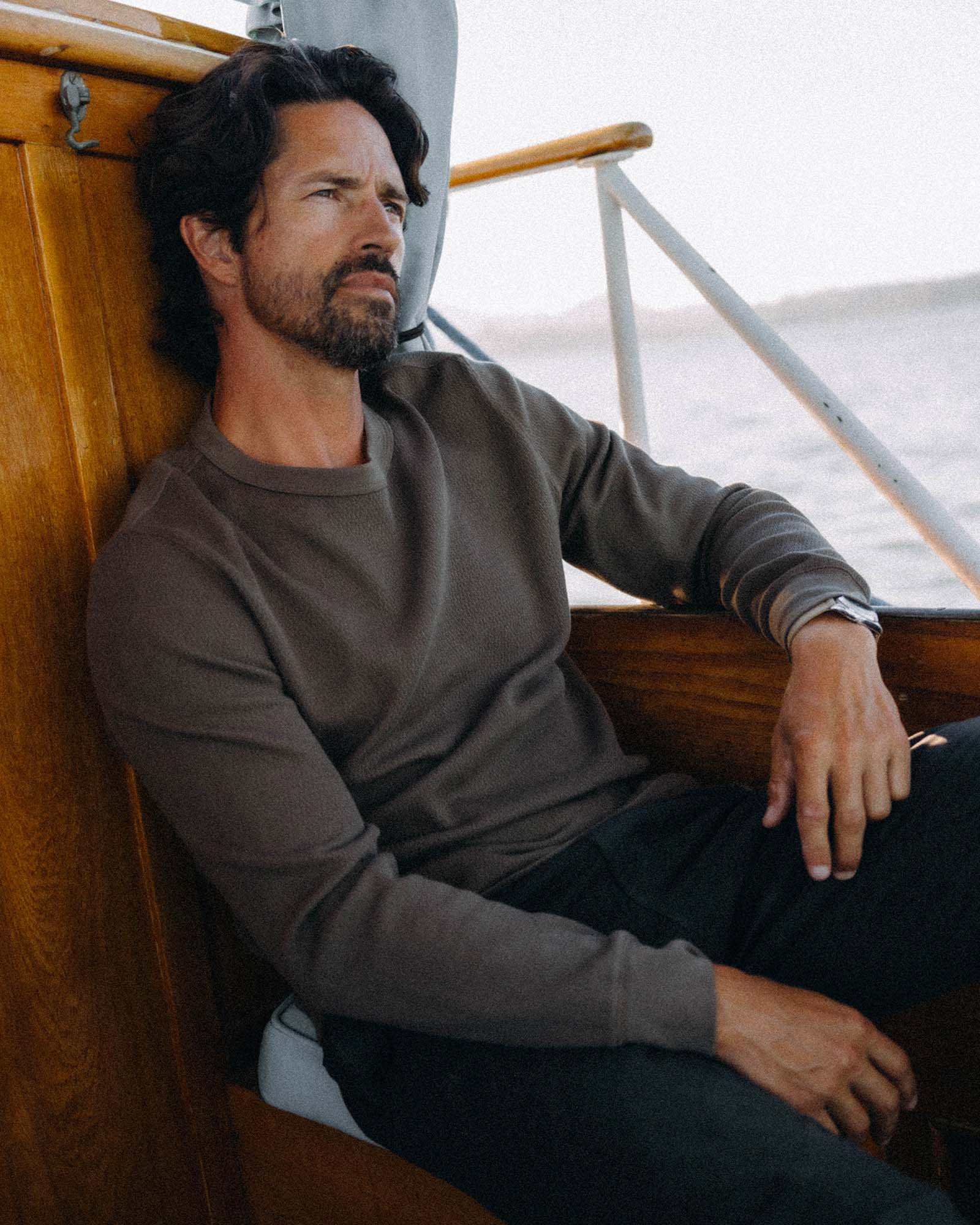 fit model in The Organic Cotton Waffle Crew in Fatigue Olive, Knits by Taylor Stitch