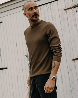 fit model in The Organic Cotton Waffle Crew in Fatigue Olive, Knits by Taylor Stitch