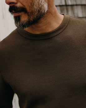 fit model showing the waffle texture on The Organic Cotton Waffle Crew in Fatigue Olive, Knits by Taylor Stitch