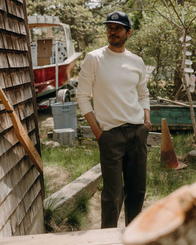 fit model in The Organic Cotton Waffle Crew in Natural, Knits by Taylor Stitch