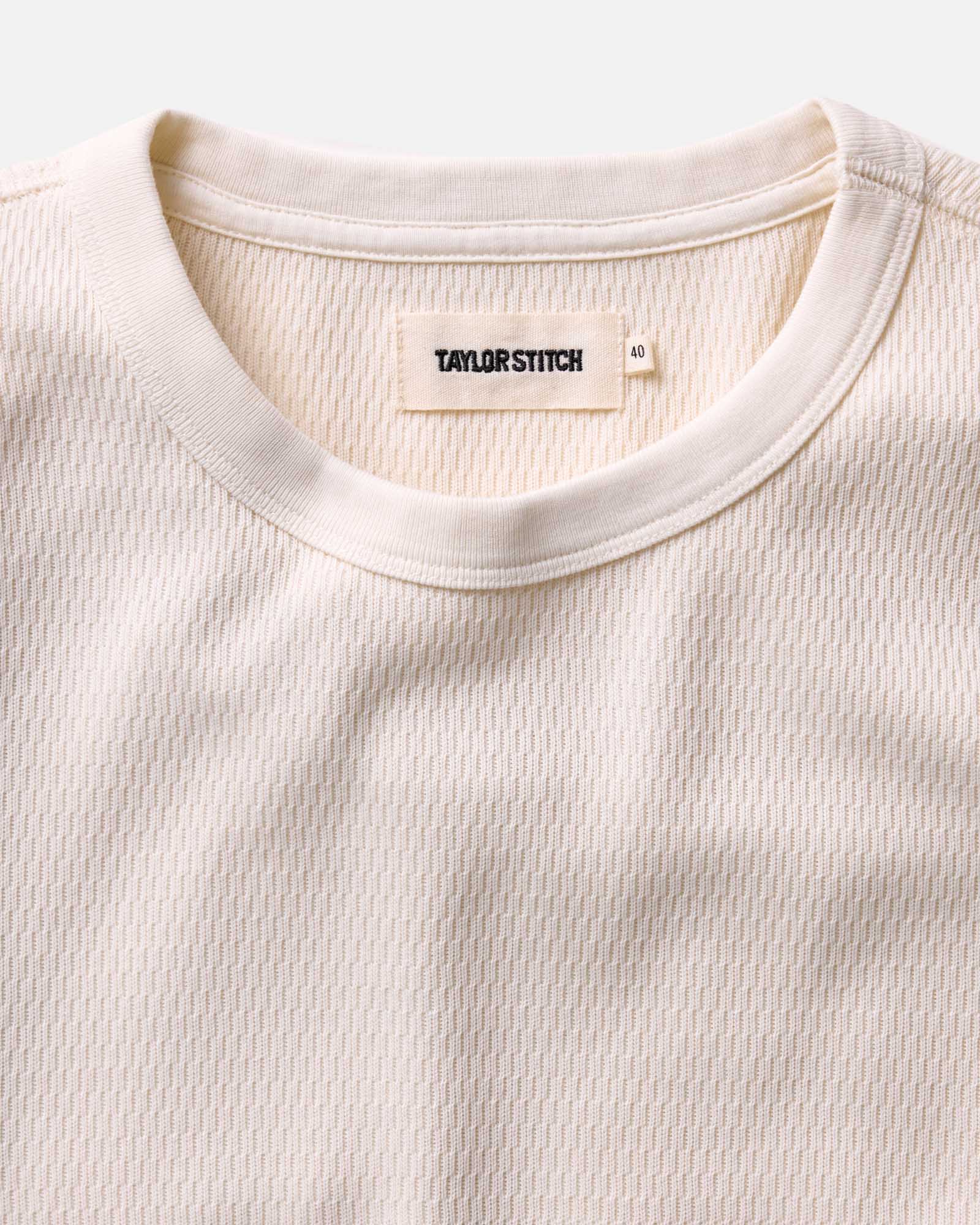 fit model showing the front of The Organic Cotton Waffle Crew in Natural, Knits by Taylor Stitch