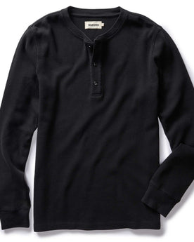 flatlay of The Organic Cotton Waffle Henley in Coal, Knits by Taylor Stitch