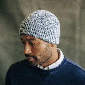 fit model in The Orr Beanie in Marled Indigo