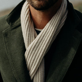 fit model in The Rib Scarf in Oat Heather