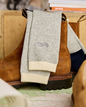 The Ribbed Sock in Grey on a boot, Accessories by Taylor Stitch