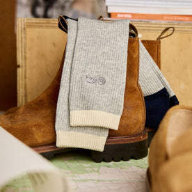 The Ribbed Sock in Grey on a boot