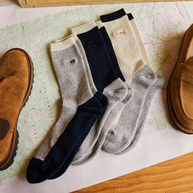 grouping of The Ribbed Sock in Natural, Navy and Grey