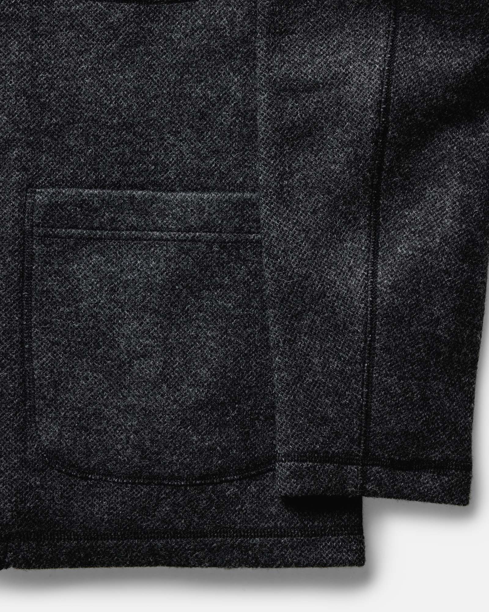 material shot of the collar on The Ridgewood Cardigan in Charcoal Birdseye Wool, Outerwear by Taylor Stitch