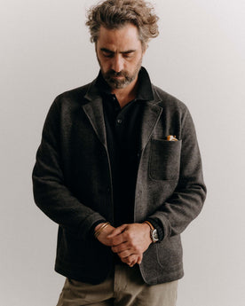 fit model in The Ridgewood Cardigan in Charcoal Birdseye Wool, Outerwear by Taylor Stitch