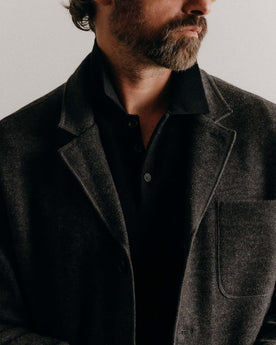 fit model showing the front lapel of The Ridgewood Cardigan in Charcoal Birdseye Wool, Outerwear by Taylor Stitch