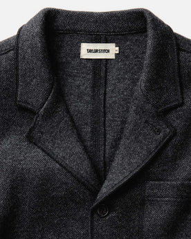 fit model standing in The Ridgewood Cardigan in Charcoal Birdseye Wool, Outerwear by Taylor Stitch