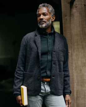 fit model in The Ridgewood Cardigan in Navy Birdseye Wool, Outerwear by Taylor Stitch