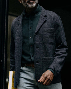 fit model wearing The Ridgewood Cardigan in Navy Birdseye Wool, Outerwear by Taylor Stitch