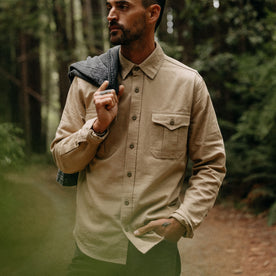 fit model wearing The Saddler Shirt in Light Khaki Twill