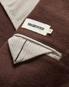 material shot of the interior pocket on The Sheffield Sportcoat in Dark Chestnut Moleskin, Outerwear by Taylor Stitch