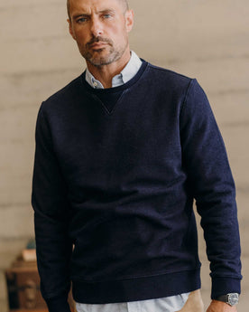fit model in The Apres Crew in Indigo Terry, Knits by Taylor Stitch