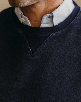 fit model showing the collar on The Apres Crew in Indigo Terry, Knits by Taylor Stitch