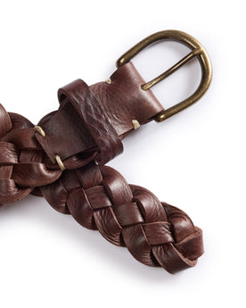 editorial image of the buckle and end of belt on The Braided Belt in Dark Brown, Accessories by Taylor Stitch