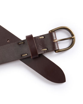 editorial image of the buckle and belt loops on The Foundation Belt in Dark Brown, Accessories by Taylor Stitch