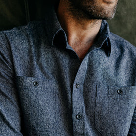 fit model in The Utility Shirt in Rinsed Indigo Herringbone